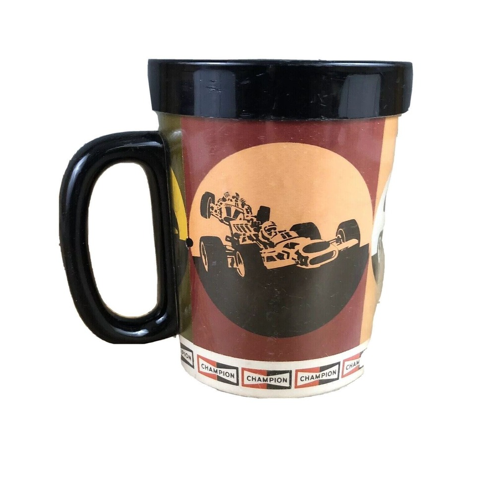 Champion Spark Plugs Coffee Cup Vintage 1970s Indy Race Car Coated Plastic Mug